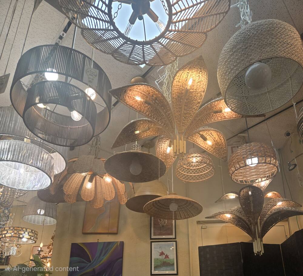 Chandeliers and ceiling pendant lights hanging in the Wholesale Lighting showroom